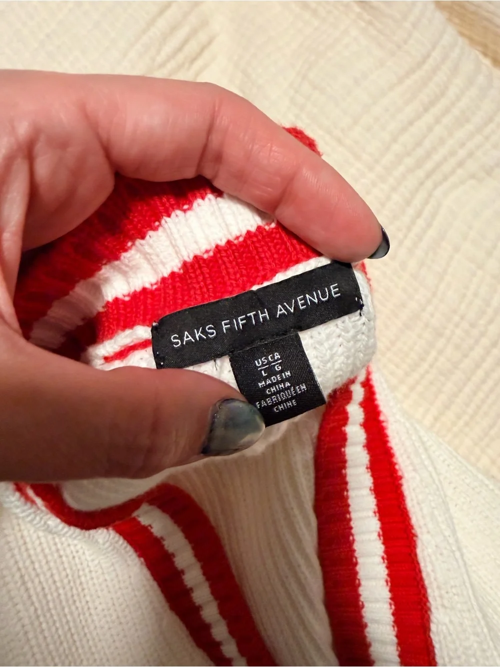 Saks Fifth Avenue Cream Cardigan Sweater with Red & Navy Stripes